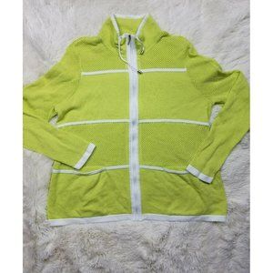 Zenergy By Chicos Sz 2 Cardigan Chunky Knit Lime Green/White Full Zip Sweater B